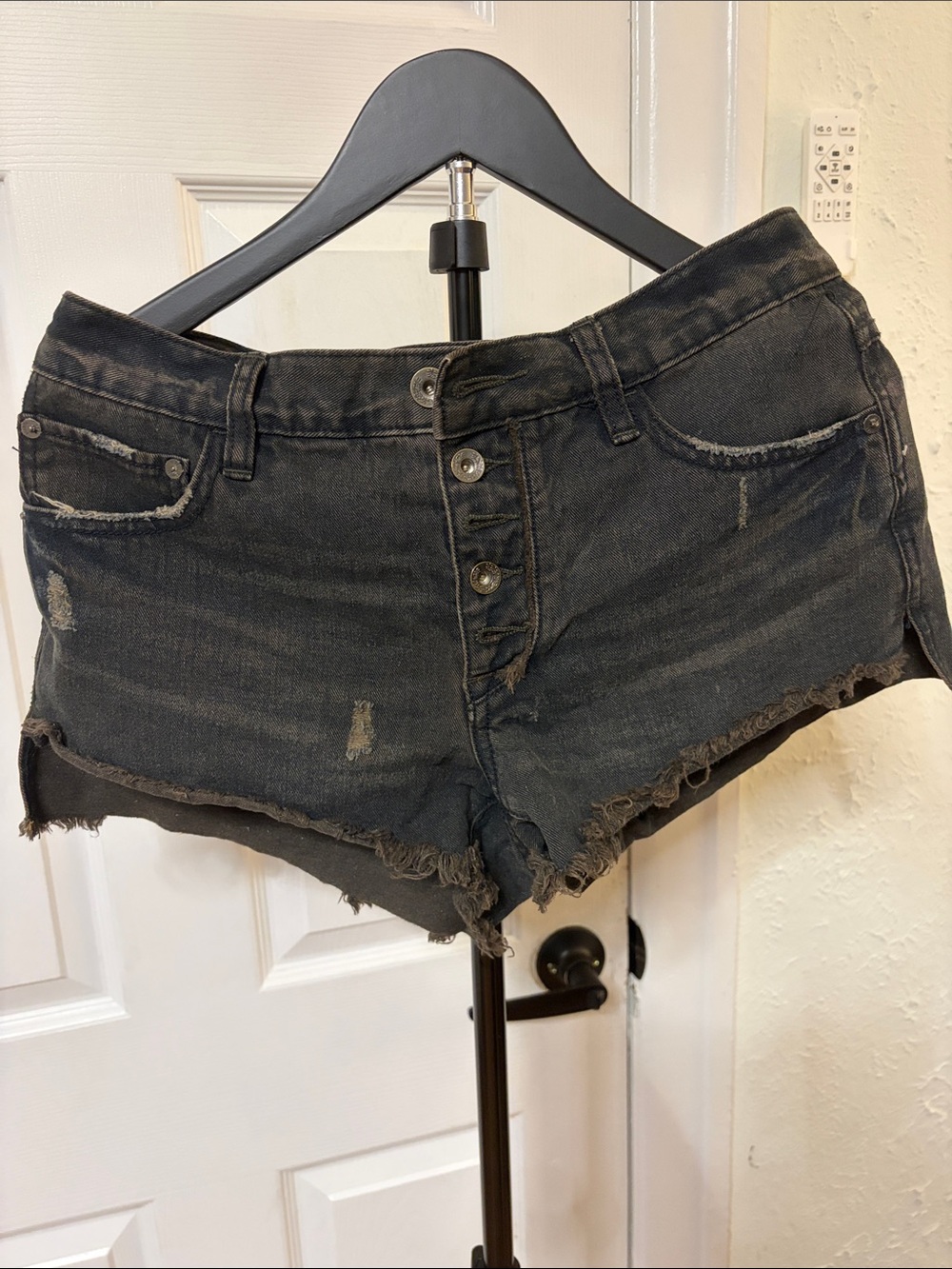 Free People Black Distressed High-Rise Denim Shorts